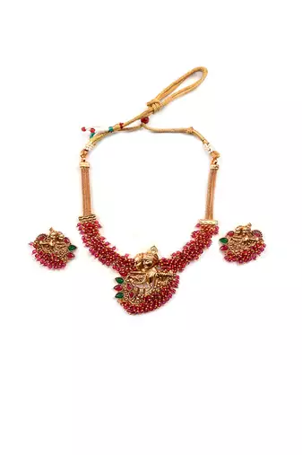 Luxurious temple radha krishna red hydra necklace set