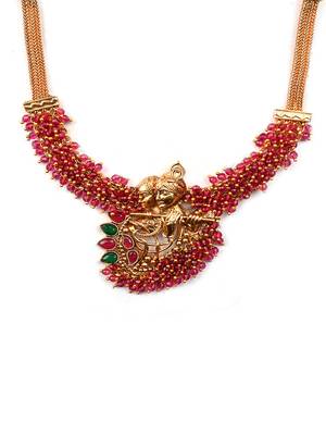 Luxurious temple radha krishna red hydra necklace set 4