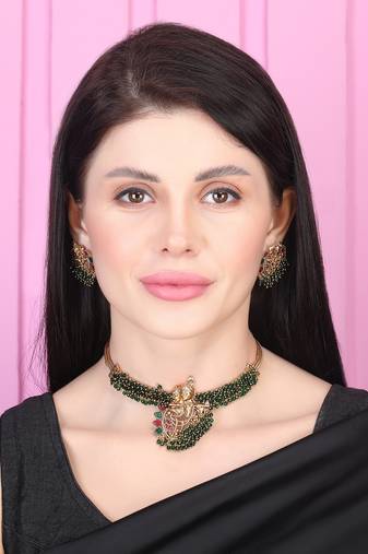 Luxurious temple radha krishna green hydra necklace set