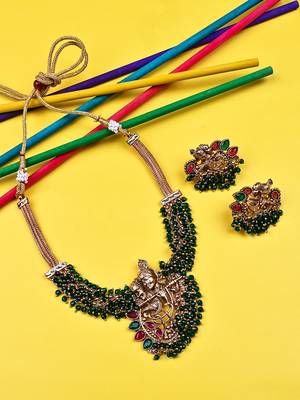 Luxurious temple radha krishna green hydra necklace set 2