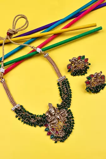 Luxurious temple radha krishna green hydra necklace set