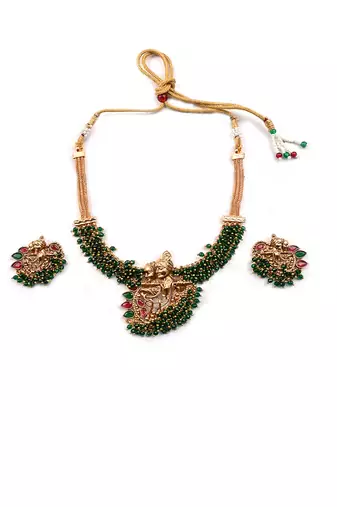 Luxurious temple radha krishna green hydra necklace set