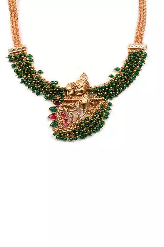 Luxurious temple radha krishna green hydra necklace set