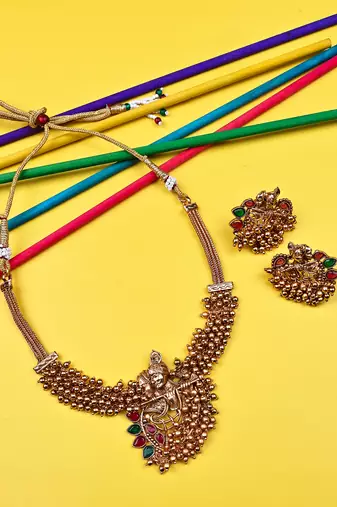 Luxurious temple radha krishna gold hydra necklace set