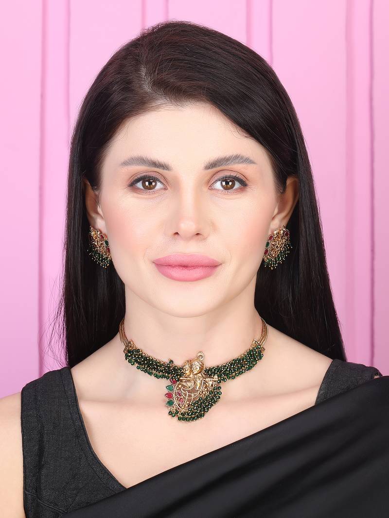 Luxurious temple radha krishna white hydra necklace set