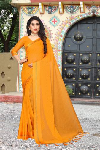 Orange Siroski Stone Tassel Pallu Work Satin Saree