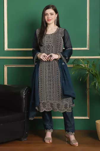 Stylee lifestyle teal georgette embroidered dress material