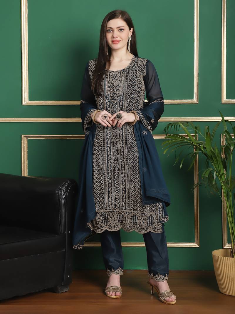 Stylee lifestyle teal georgette embroidered dress material