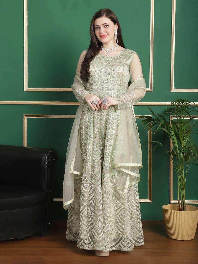 Stylee lifestyle pista green net embroidered gown style