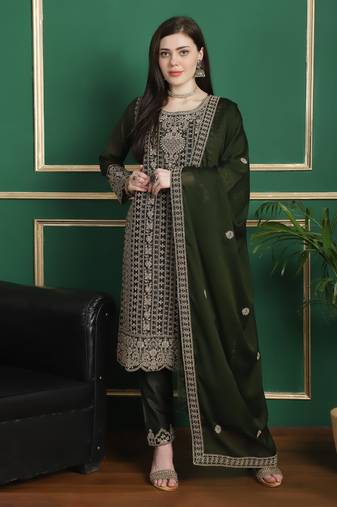 Stylee lifestyle olive georgette embroidered dress material