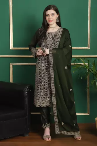 Stylee lifestyle olive georgette embroidered dress material