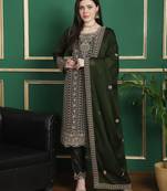 olive georgette embroidered dress material