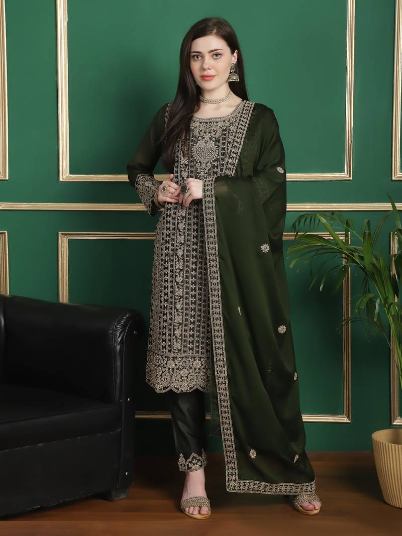 Stylee lifestyle olive georgette embroidered dress material