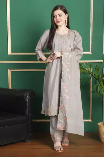 grey chinon chiffon embroidered dress material