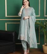 turquoise chinon chiffon embroidered dress material