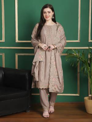 beige chinon chiffon embroidered dress material 1