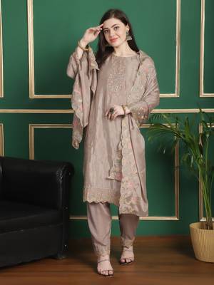 beige chinon chiffon embroidered dress material 3