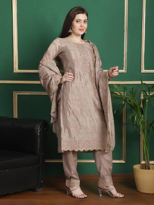 beige chinon chiffon embroidered dress material 4