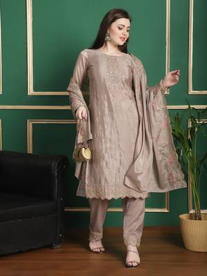beige chinon chiffon embroidered dress material 5