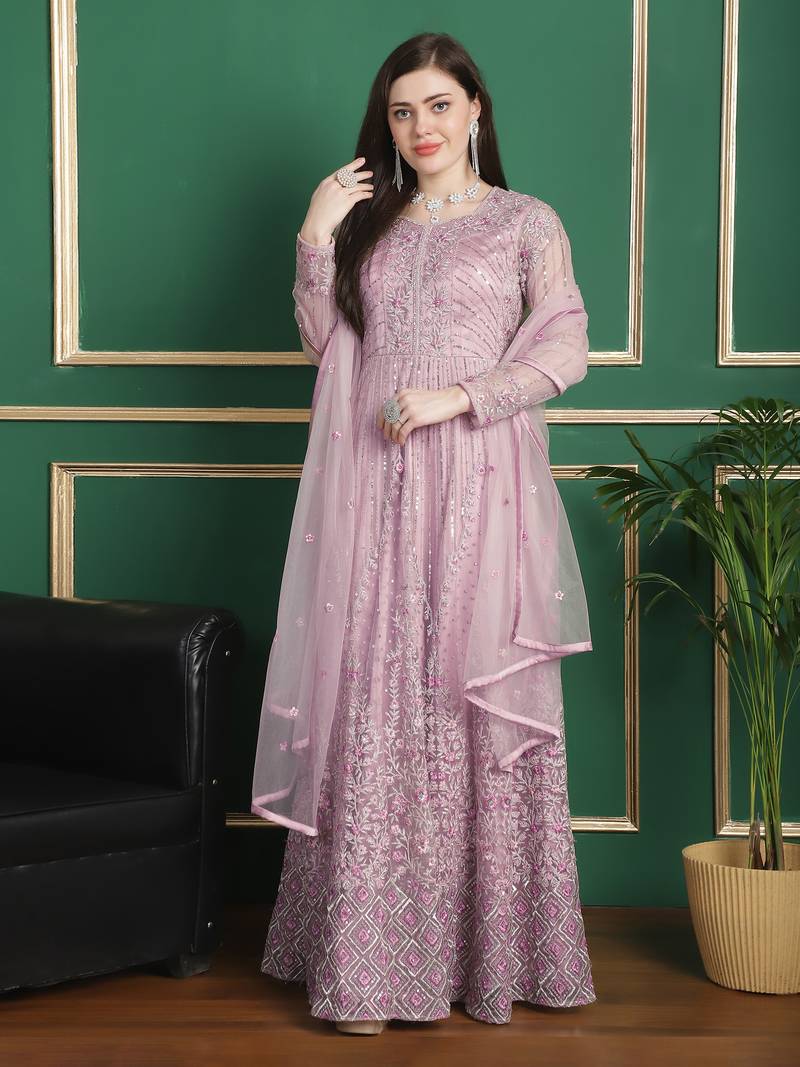 Stylee lifestyle pink net embroidered gown style