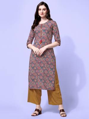 Grey Red Rayon Ajarak Print Embroidered Printed Kurta 1