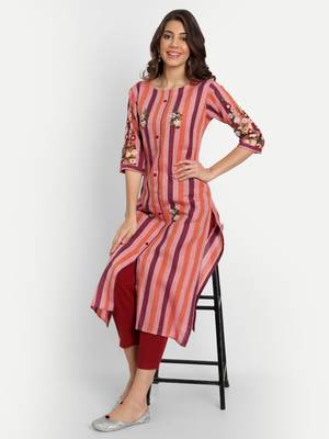 Pink Striped Embroidered Kurti 1