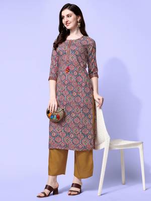 Grey Red Rayon Ajarak Print Embroidered Printed Kurta 2