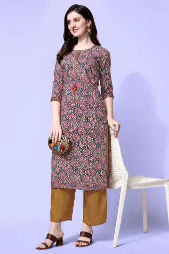 Grey Red Rayon Ajarak Print Embroidered Printed Kurta