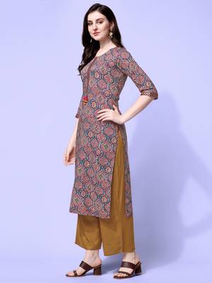 Grey Red Rayon Ajarak Print Embroidered Printed Kurta 3