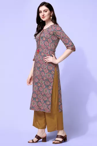 Grey Red Rayon Ajarak Print Embroidered Printed Kurta