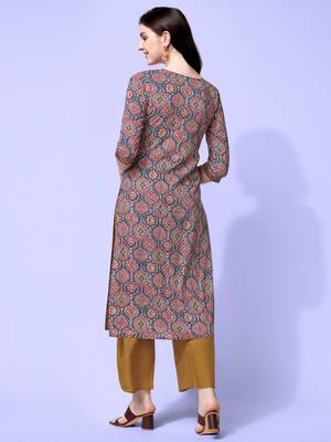 Grey Red Rayon Ajarak Print Embroidered Printed Kurta 4