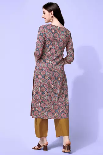 Grey Red Rayon Ajarak Print Embroidered Printed Kurta