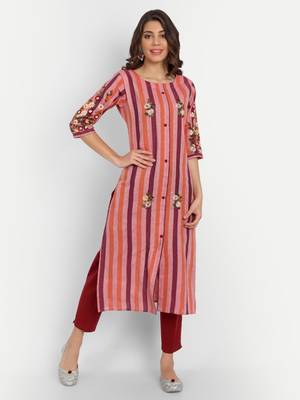 Pink Striped Embroidered Kurti 2
