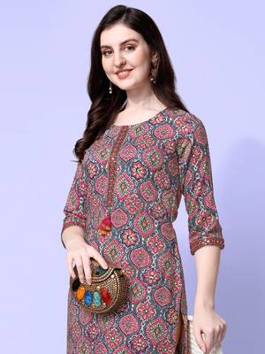 Grey Red Rayon Ajarak Print Embroidered Printed Kurta 5