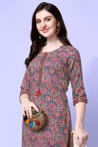 Grey Red Rayon Ajarak Print Embroidered Printed Kurta