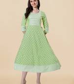 Pista Green White Rayon Jaipuri Printed Kurta