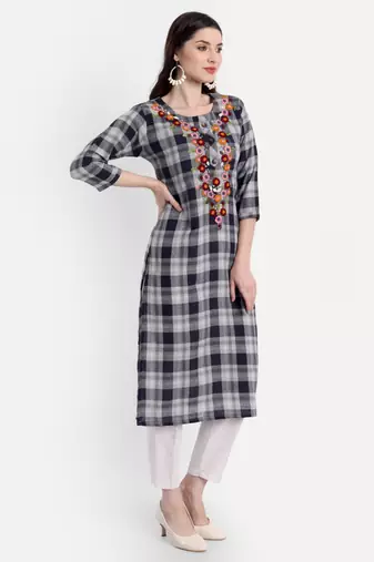 Grey Checks Embroidered Kurti