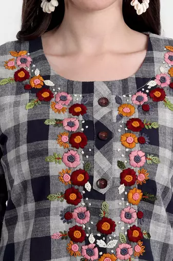 Grey Checks Embroidered Kurti