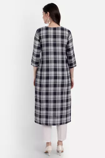 Grey Checks Embroidered Kurti