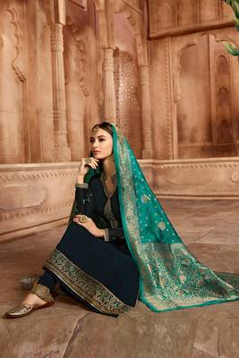 Blue Embroidered Georgette Salwar Free size full stitched Up To 42" Size 3