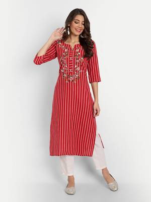 Red Striped Embroidered Kurti 1