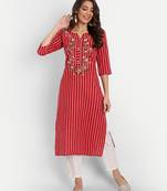 Red Striped Embroidered Kurti