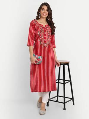 Red Striped Embroidered Kurti 2