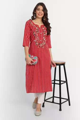 Red Striped Embroidered Kurti