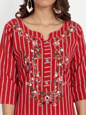 Red Striped Embroidered Kurti 3