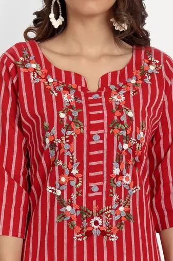 Red Striped Embroidered Kurti
