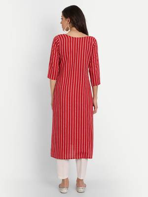 Red Striped Embroidered Kurti 4