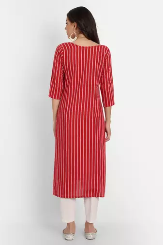 Red Striped Embroidered Kurti
