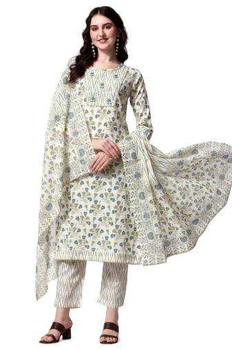 Off White Grey Olive Cotton Printed Kurta With Pant And Dupatta