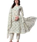 Off White Grey Olive Cotton Printed Kurta With Pant And Dupatta
